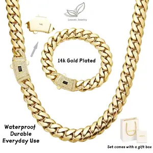 14K Real Gold-Plated Miami Link Cuban Necklaces and Bracelets Waterproof Abrasion-resistant Fade-resistant Diamond clasp Stainless steel chain Hip-hop style Width: 6/8/10/12/14 mm For both men and women Set comes with a gift box The Perfect Gift jewelry E