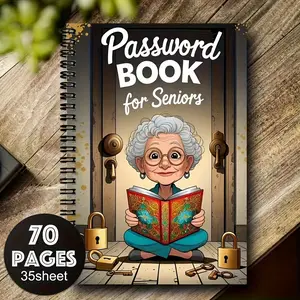 Cartoon Spiral Password Notebook for Seniors, 70 Pages Lock Design, Artistic Character Patterns, Secure Login Organizer, Safe Tool