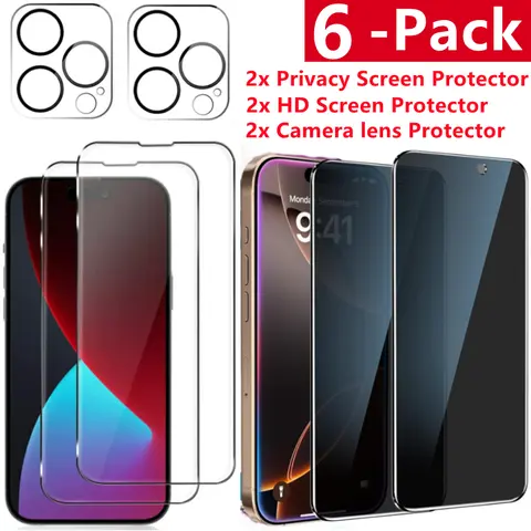 6 Pack For iPhone Duo 18 Pro Max 18 17 16 15 14 13 12 11 Tempered Glass Privacy Screen Protector & HD Screen Protector & Camera Lens Protector
