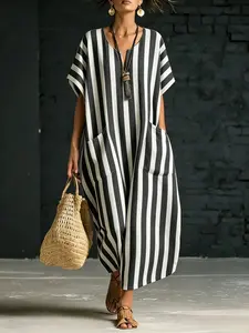 Loose V-Neck Striped Print Dress, Half-Slit Short Sleeve with Pockets, Casual Vacation Long Dress, Comfortable Daily Wear, Summer Women's Fashion, Beachy Style Dress