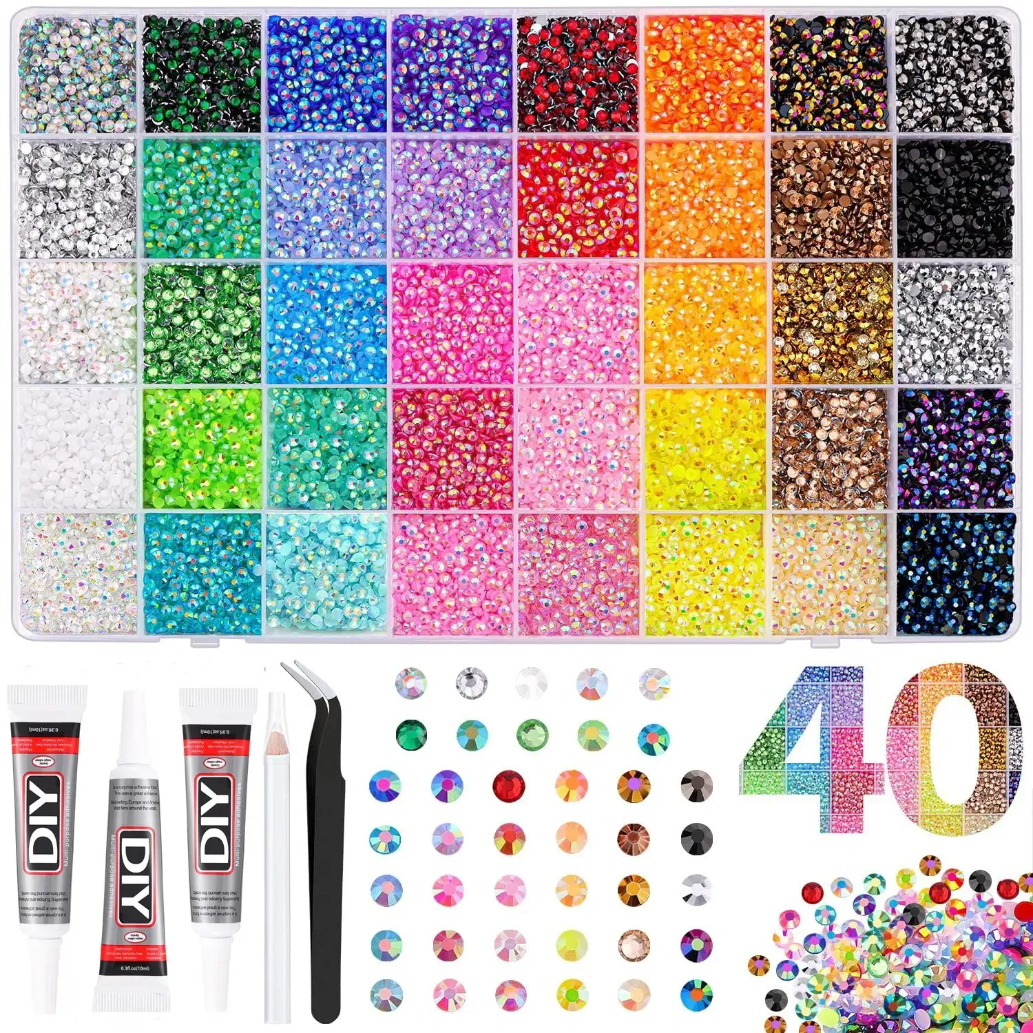 Rainbow Color Glitter Sequins Set, Includes Tweezers and Drill Pen, Multi-Color Resin Flat Back Gems for DIY Crafts, Nail Art Rhinestones / Flatback Crystals / Multi-Color / Pickup Tool，Christmas Gift for Women。Jelly Rhinestones /Bedazzling Kit/Diamong Ar