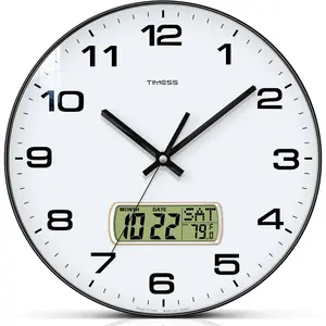 Wall Clock, 12" Dial Non-Ticking Silent Battery Operated Analog with LCD Display for Perpetual Calendar and F° Temperature, Ideal Modern Home, Bedroom, Kitchen, Office Decor (Black)