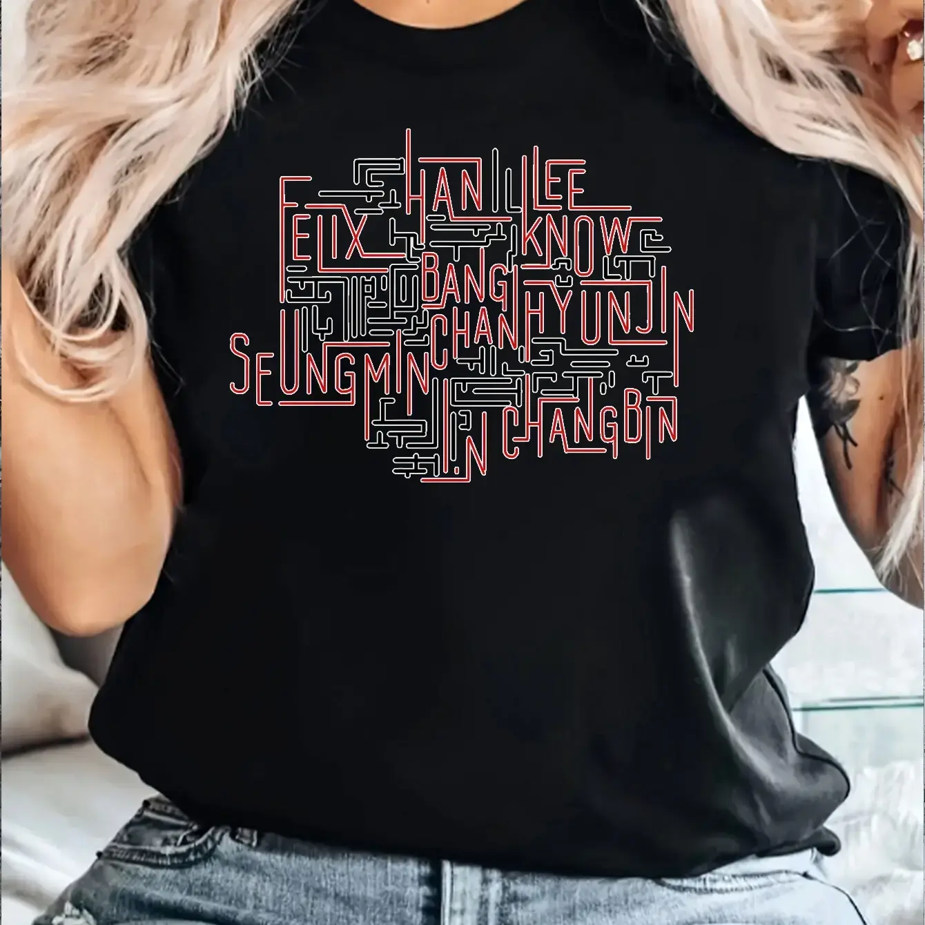 SEUNGMIN, HANJIN, BANGCHAN, LEE, KNO, WYUNJIN Printed T-shirt, Summer, Round Neck Short Sleeve T-shirt, Casual Daily Top, Women's Clothing