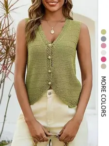 Summer Single Button Knit Vest, Handmade Crochet Sleeveless V-Neck Cardigan, Unique New Design Women's Tank Top, Fashionable Chic Summer Wear