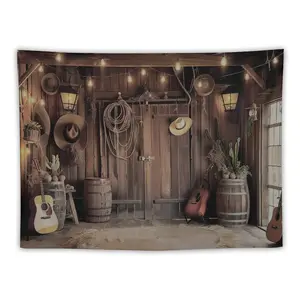 Retro Western Ranch Tapestry Wooden Double Doors with Ropes and Hats Double Barrels with Guitars and Cacti Wall - mounted Vintage Lanterns Warm Lighting for Nostalgic Vibe