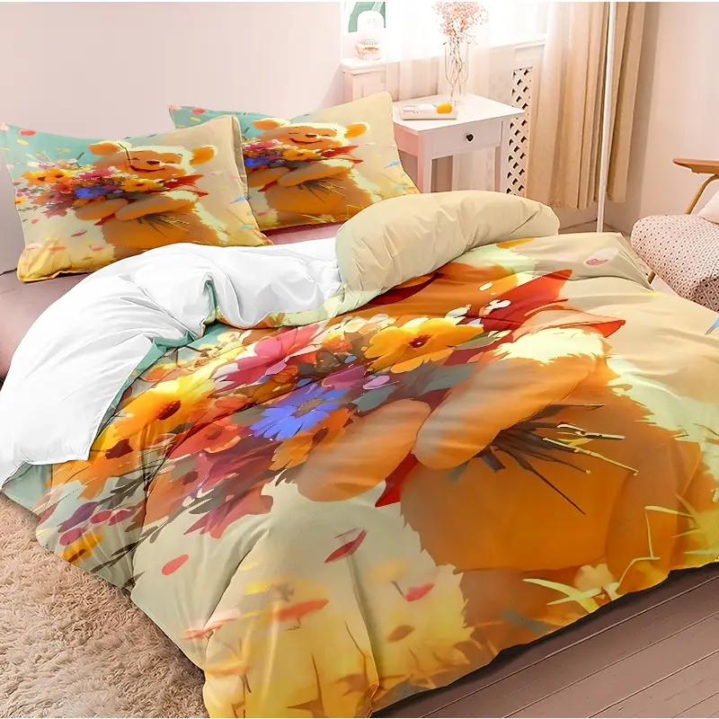 3-piece down duvet cover, teddy bear holding a bouquet of flower patterns in the field, 3D digital printed bedding, suitable for home decoration in bedrooms and guest rooms (1 * down duvet cover 2 * pillowcase, no down duvet core), machine washable
