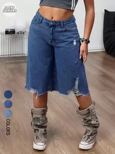 Women's Denim Bermuda Shorts Fit, Frayed Hem Shorts, Retro Decadent Wide Leg Pants, Frayed Vintage Jeans, Streetwear Button Photography Wear, Womenswear All Seasons