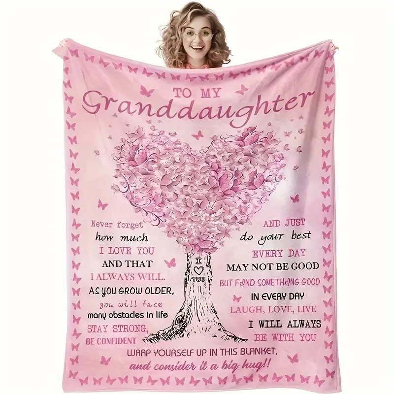 1-Piece Pink Crochet Flannel Blanket for Granddaughter - Heartfelt Inspirational "To My Granddaughter" Message, Retro, Stain Resistant, Breathable, All-Season Use, Hypoallergenic, Floral & Animal (Butterfly) Design, Durable, Suitable for Sofa, Bed