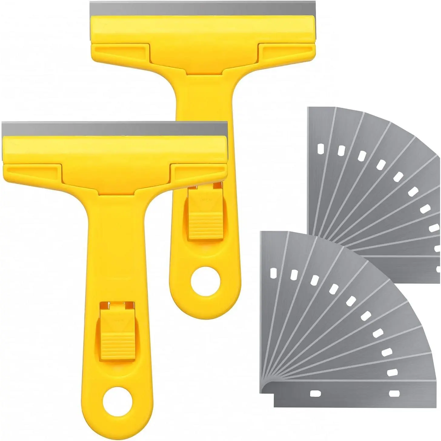 2-Pack Heavy-Duty Razor Scraper Hand Tool for Removing Wallpaper, Home & Industrial Cleaning, Hard Surfaces - 3.9in Replaceable Carbon Steel Blade, 5.5in Handle, 20 Blades (Yellow)