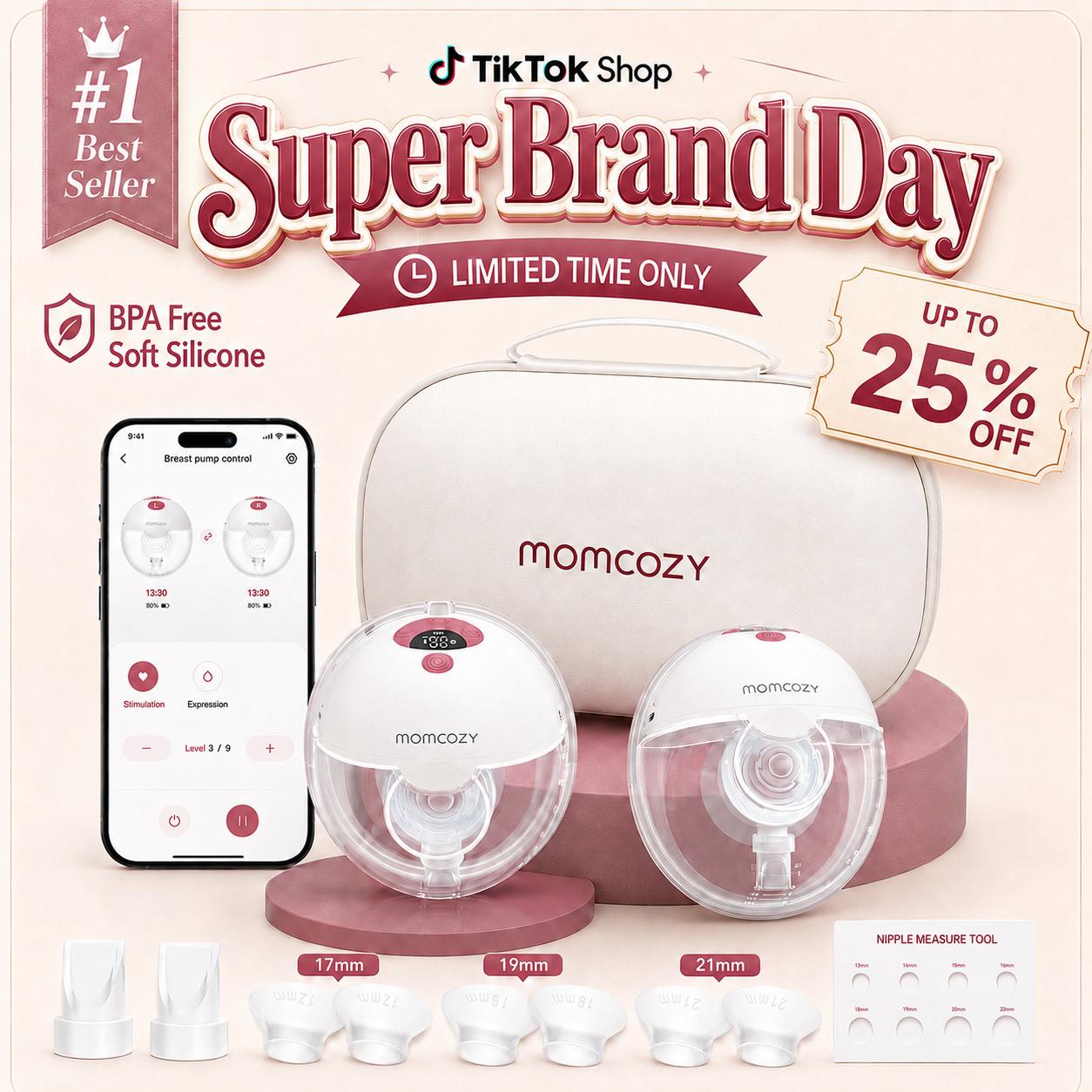 Momcozy M5 Smart APP & Non-APP Version Wearable Breast Pump, Hands-Free Wireless Electric Pump, 3 Modes 9 Suction Levels, BPA-Free, Portable Lightweight, 24mm Flange, 1-Pack Cozy Red