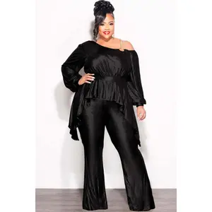 Final Sale Plus Size Cold Shoulder with Gold Chain & Asymmetrical Ruffle Peplum Jumpsuit in Black