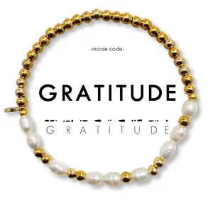 Morse Code Pearl & Gold Waterproof Beaded Bracelet | GRATITUDE