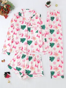 Women's 3-Piece Pajama Set, Long Sleeve Top & Pants, Christmas Tree Print, Casual Fitted Sleepwear, Loungewear for All Seasons