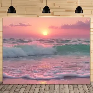 1pc 2D Flat Polyester Backdrop Banner - Beach Sunset Ocean Waves Printed Fabric, Easy Hanging Versatile Tapestry, Durable Polyester Material Decor for Bedroom, Living Room, No Electricity Needed