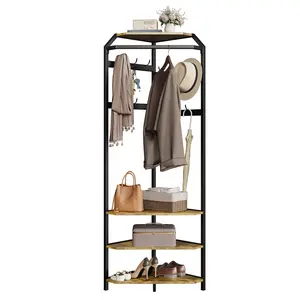 Corner Coat Rack Hall Tree with Shoe Bench and 12 Double Hooks – Top Storage Shelf – Space-Saving Entryway Organizer for Hallway, Bedroom, Living Room, Mudroom, Closet