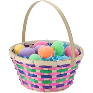 Easter Bamboo Basket Colorful Round Woven Goodie Empty Candy Gift Basket with Folding Handle for Girls Boys Easter Egg Hunt Party Favors Decorations Treats Gift Packing(7.7" X 8.5")
