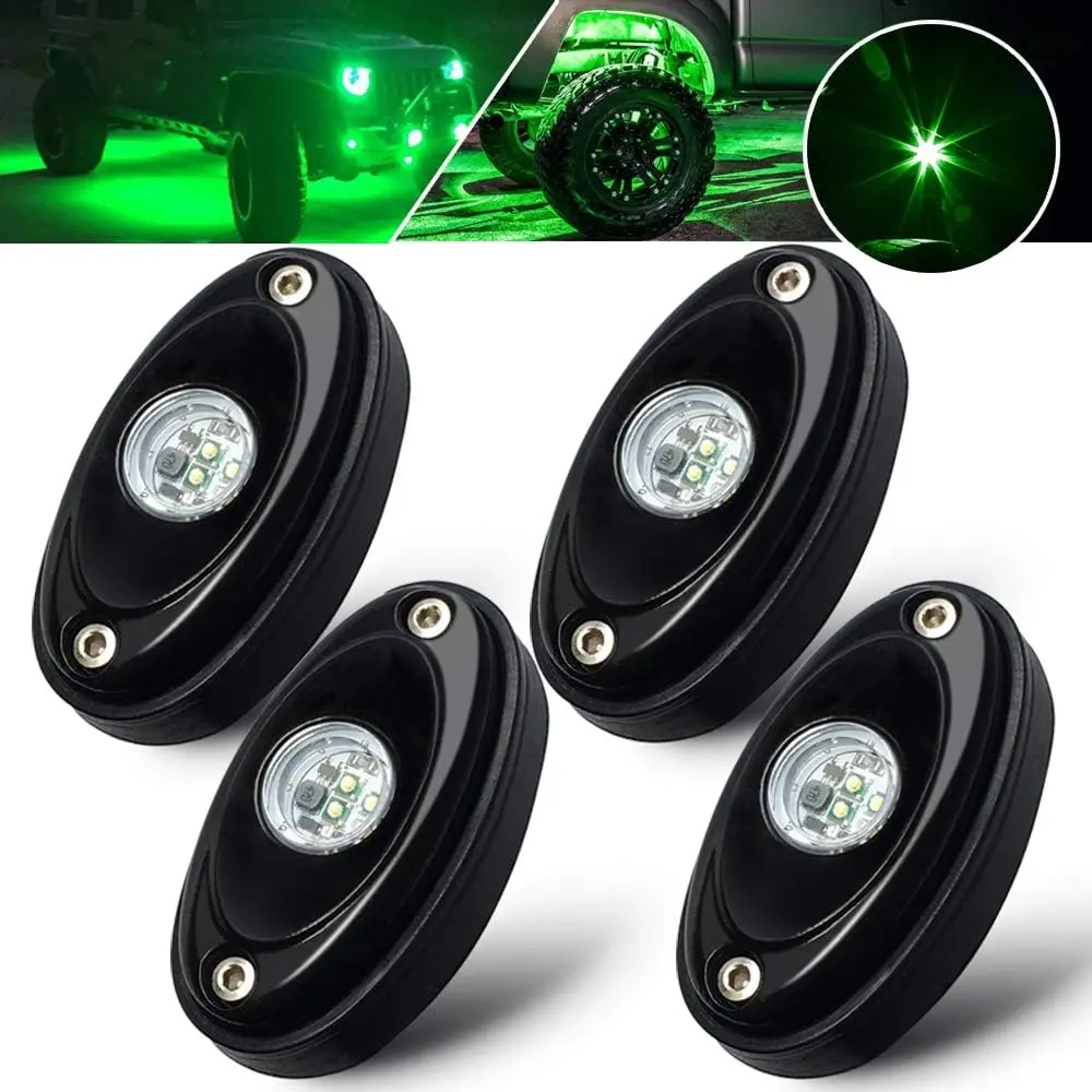 4 Pods LED Rock Lights Green Waterproof LED Light kit underglow LED Ground Lighting for Truck Off Road Raptor Baja Car UTV SUV ATV Boat Trailers Tow Vehicles lamp