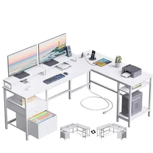 L Shaped Desk with Power Outlet & USB Ports, 66 Inch Reversible Computer Desk with File Drawer and 2 Monitor Stands, Gaming Desk with Adjustable Storage Shelves for Home Office