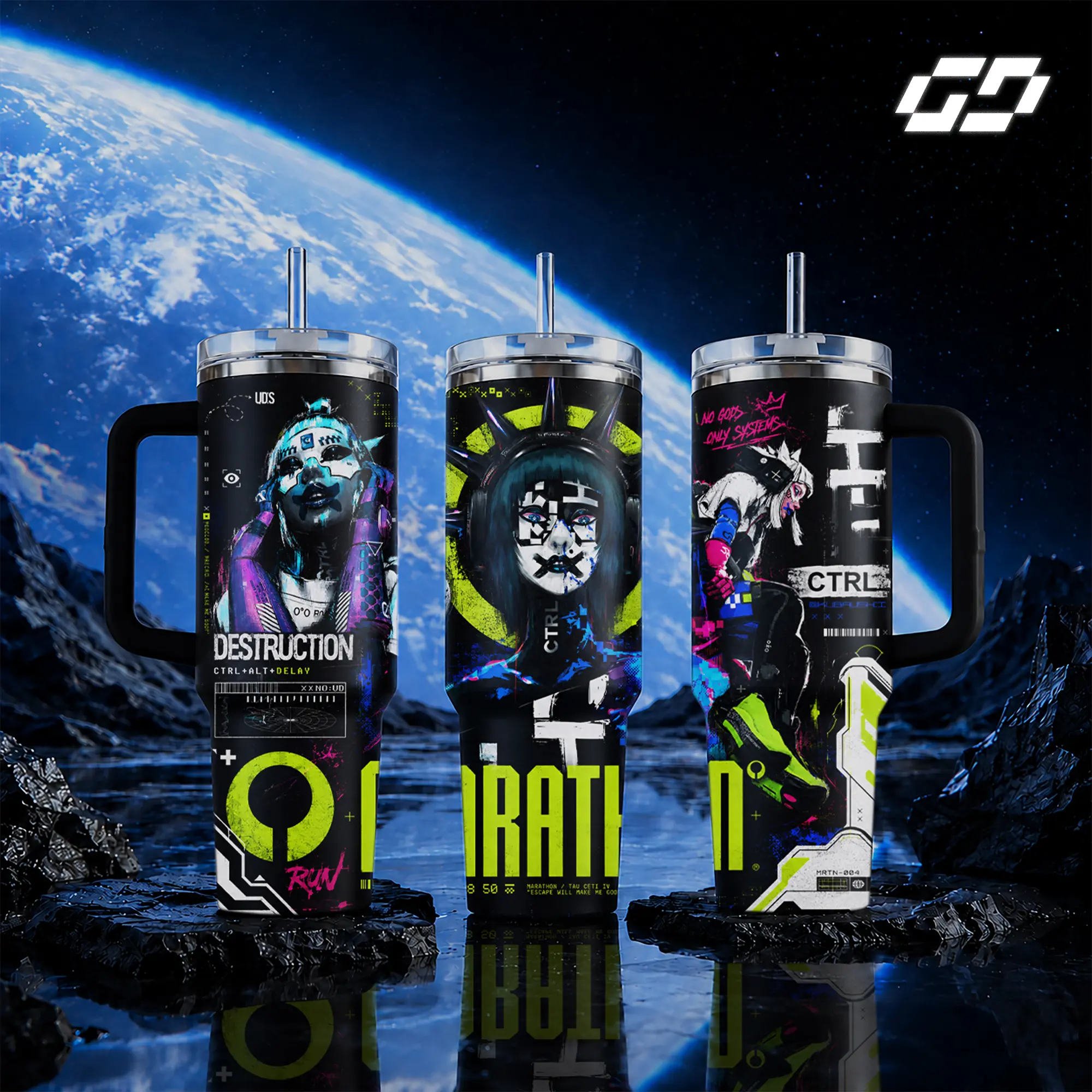 Marathon Bungie Sci-Fi Game 40oz & 20oz Insulated Stainless Steel Tumbler with Handle, Cyberpunk Destruction CTRL Merch, Travel Coffee Mug, Leak-proof Water Bottle with Lid and Straw, Best Gamer Gift