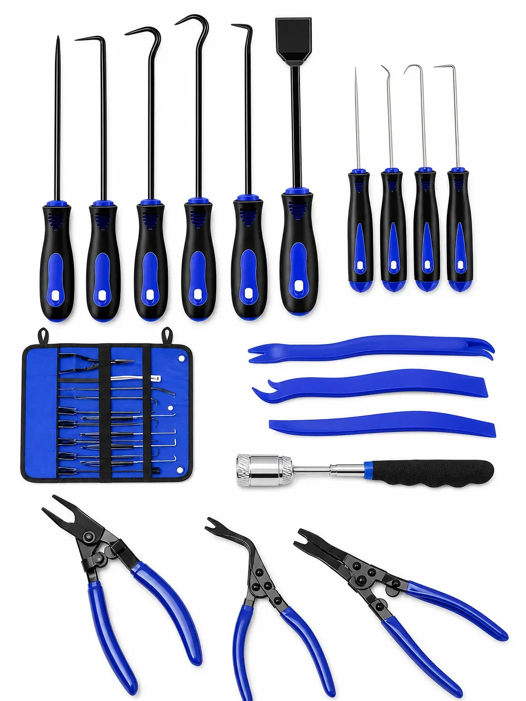 17Pcs Auto Trim Removal Tool Set - Car Panel Pry Kit with Hook Pick Set, Clip Pliers, Telescopic Magnetic Flashlight - Interior Door Panel Fastener Remover for Vehicle Dash Radio Stereo Installation repair Multifunctional Wrench