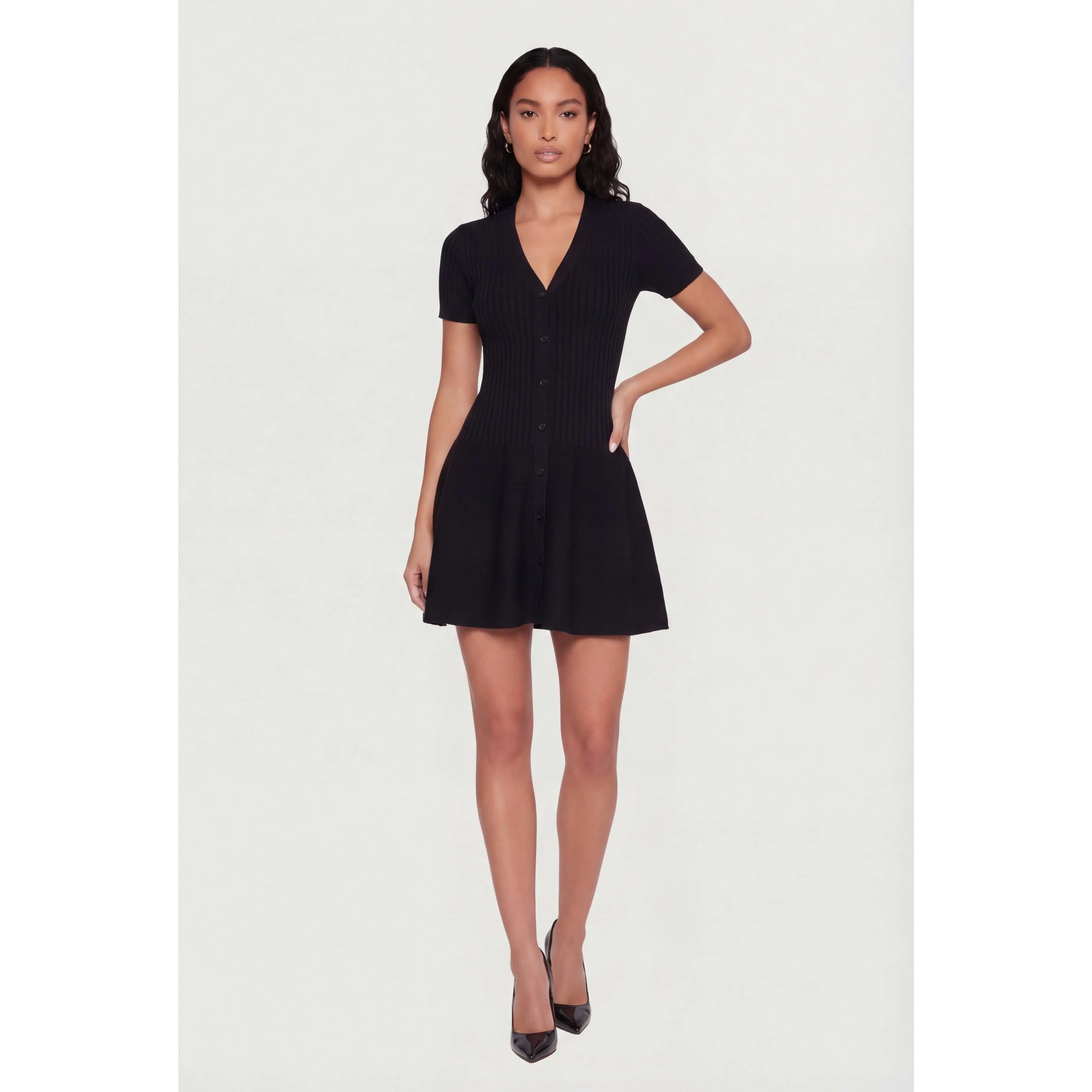 Rib Knit Short Sleeve Button Front Mini Dress