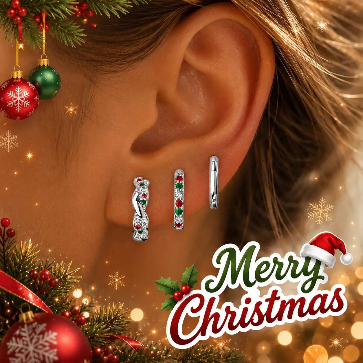 3Pcs 14K Gold Plated Huggie Hoop Earrings for Women, Small Christmas Earring Set Hypoallergenic Cartilage Helix Stacks, Mini Dainty Cute Trendy Birthstone Jewelry Gift for Multiple Piercings