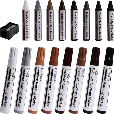 Furniture Markers Touch Up Set of 17 - Furniture Scratch Repair Markers Kit, Wood Touch Up Markers and Wax Sticks with Sharpener, for Scratches, Stains, Floors, Laminate, Cabinet SEISSO