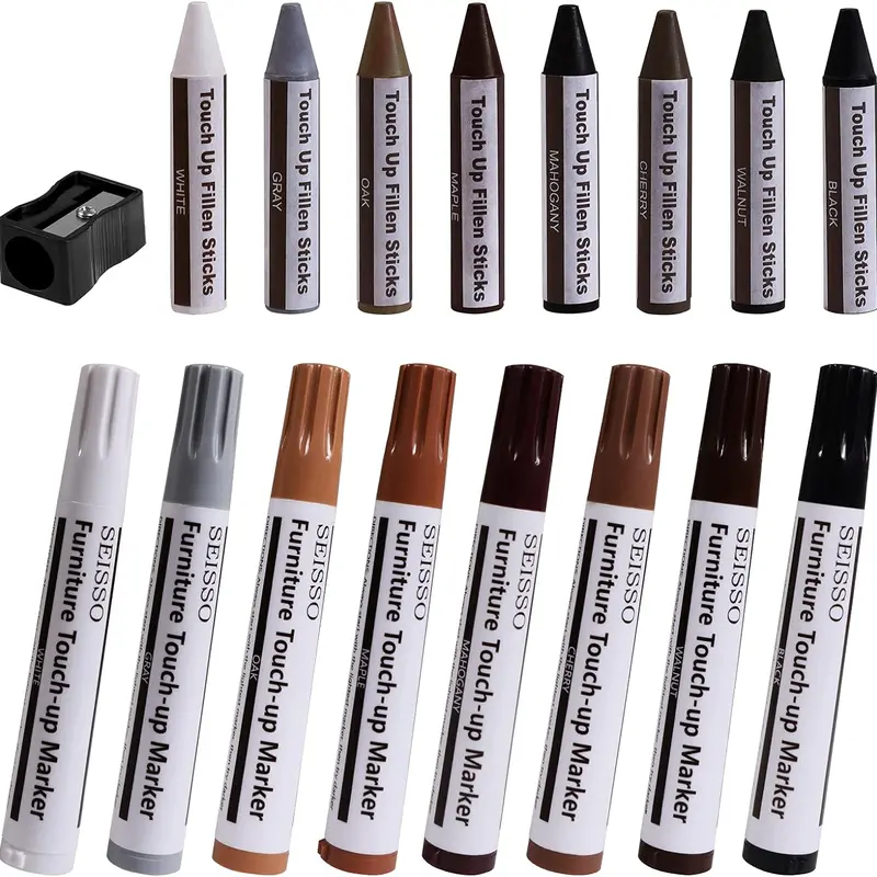 Furniture Markers Touch Up Set of 17 - Furniture Scratch Repair Markers Kit, Wood Touch Up Markers and Wax Sticks with Sharpener, for Scratches, Stains, Floors, Laminate, Cabinet SEISSO
