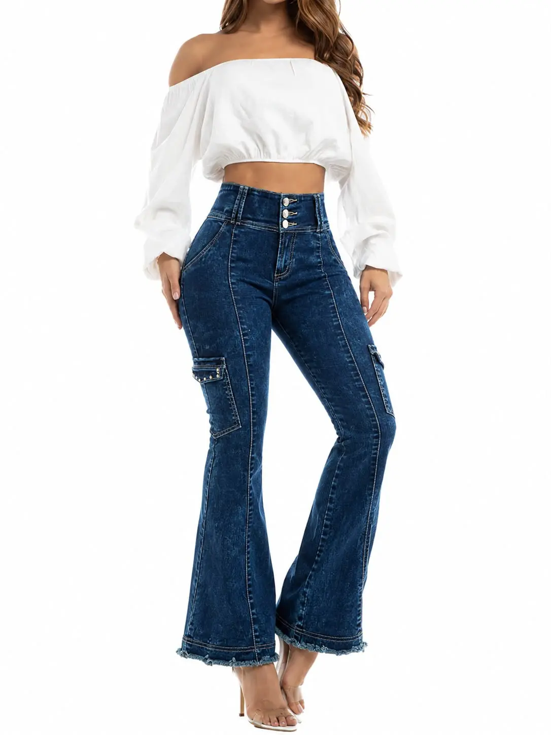Colombia 64888 Cargo Flare Jeans High; 4 Button Waistband Stretch Denim