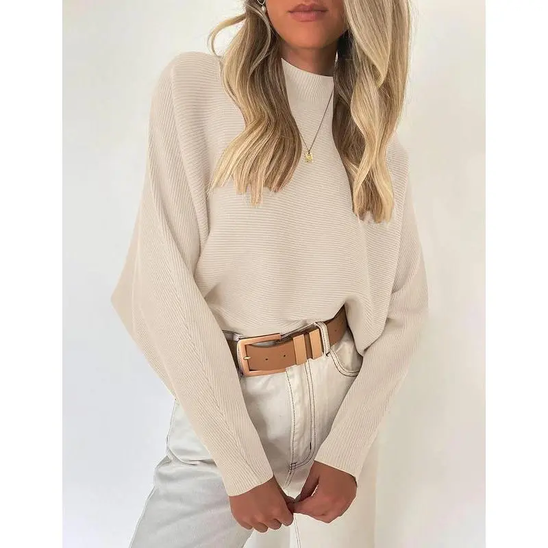 ZESICA Batwing Sleeve Mock Neck Sweater | Cozy Oversized Ribbed Pullover | Solid Color Fall Winter, Knitwear, Tops, Lady, Long Sleeves