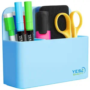 YES4QUALITY Magnetic Pen Holder with Strong Magnetic Back & 2 Compartments, Dry Erase Marker Holder for Whiteboard, Fridge & Locker, Blue Pencil Holder