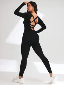 Women's Solid Scoop Neck Long Sleeve Sports Jumpsuit, Casual Comfy Bodycon Jumpsuit for Yoga Gym Workout, Ladies Sportswear Fitness Activewear for All Seasons