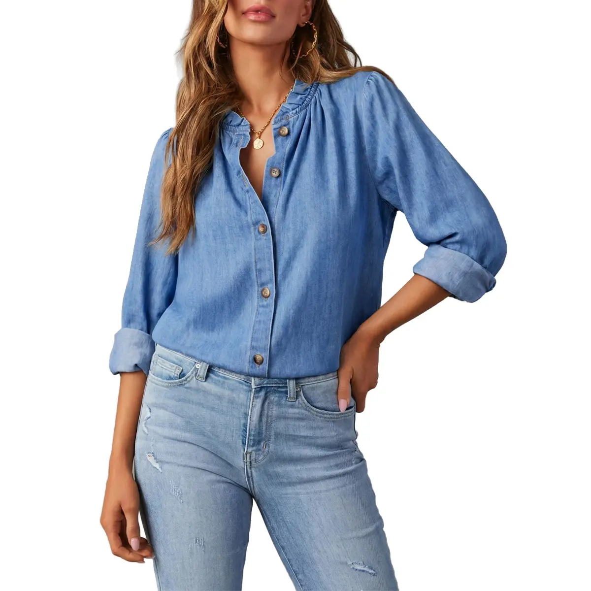 Sidefeel Women's Ruffled Collar Denim Shirt Long Sleeve Button Down Jean Blouse for Casual Wear DealsForYouDays summerwins WeeklyDeals Summer Outfit