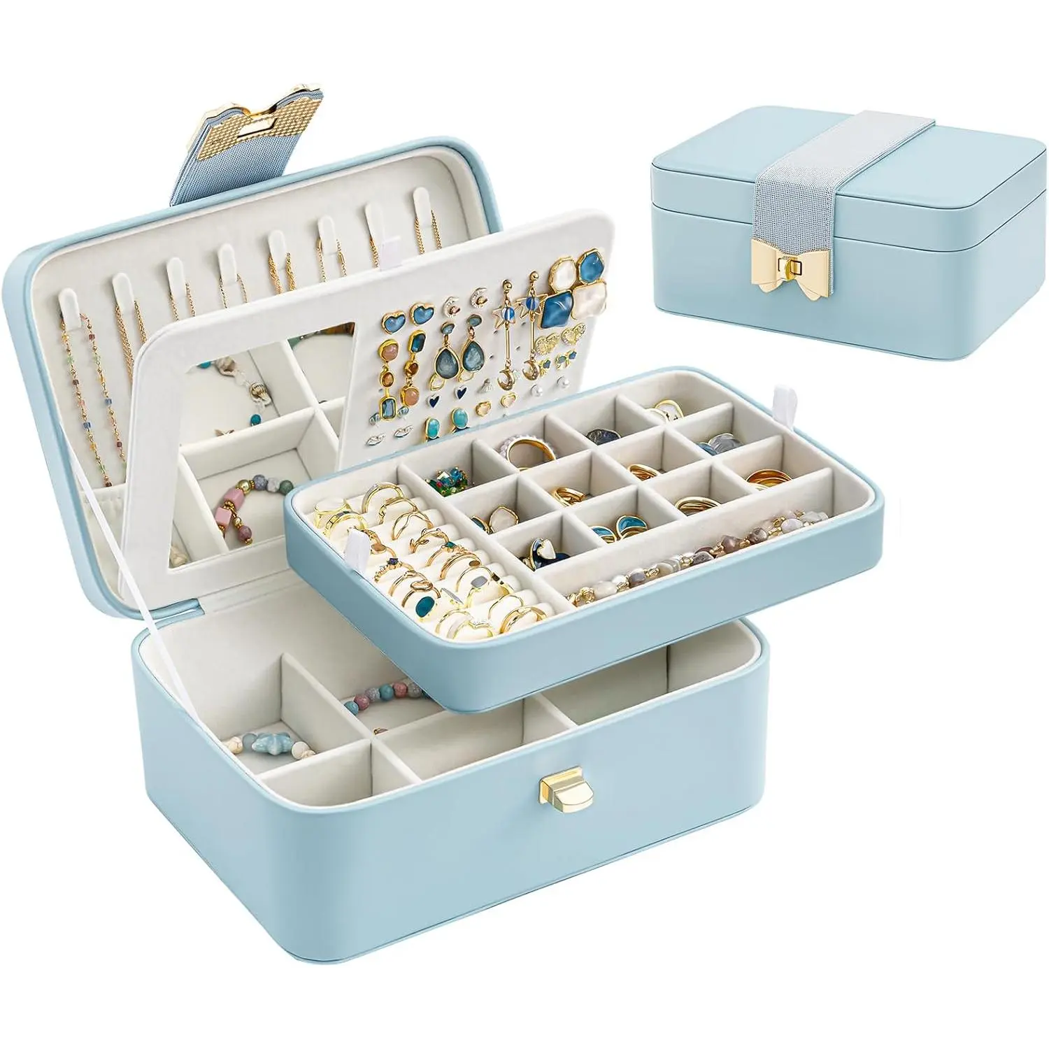 2 Layer  Box for Teen Girls & Young Women,  Organizer Case with Bow Clasp and Mirror for Earrings Rings Necklaces Storage,  Idea -Blue