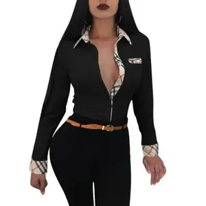 Women's Red Gothic Style V-neck Long Sleeve Button Top Slim Fit Polyester Plaid Print Casual Ladies Work Blouse Roupas