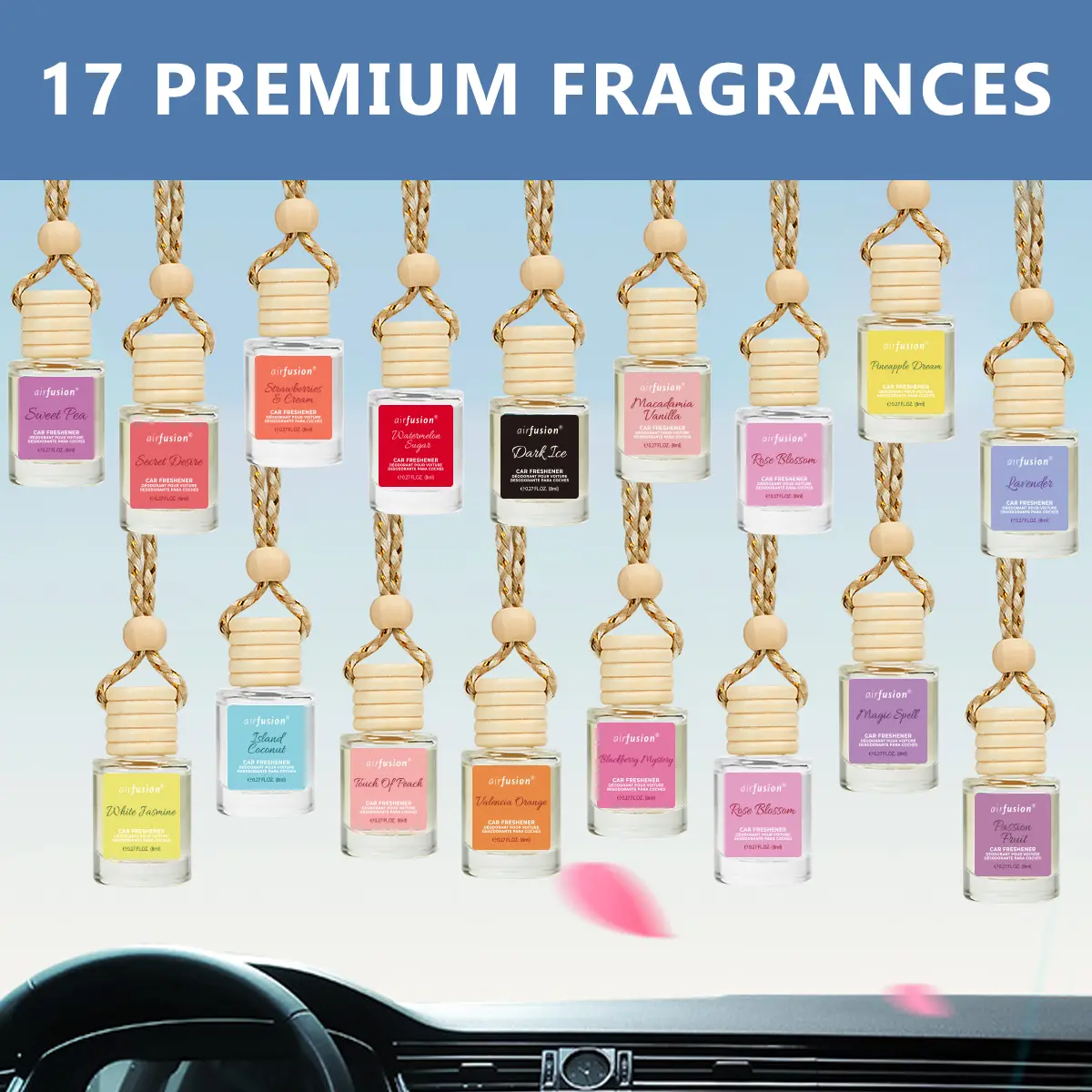 Air Fusion Hang-On Type Universal Car Air Freshener Diffuser Set (2 Pack) - Glass Bottles with Wooden Caps, 0.27 fl oz Each, Multiple Scents, Rearview Mirror Decor, Cars Accessories