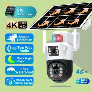 Outdoor Solar Security Monitoring Camera System, PTZ Dual Cameras 4K/8mp, 4g Cellular Network, 8000mah Solar Battery, Card, 360° Rotation, Color Night Vision