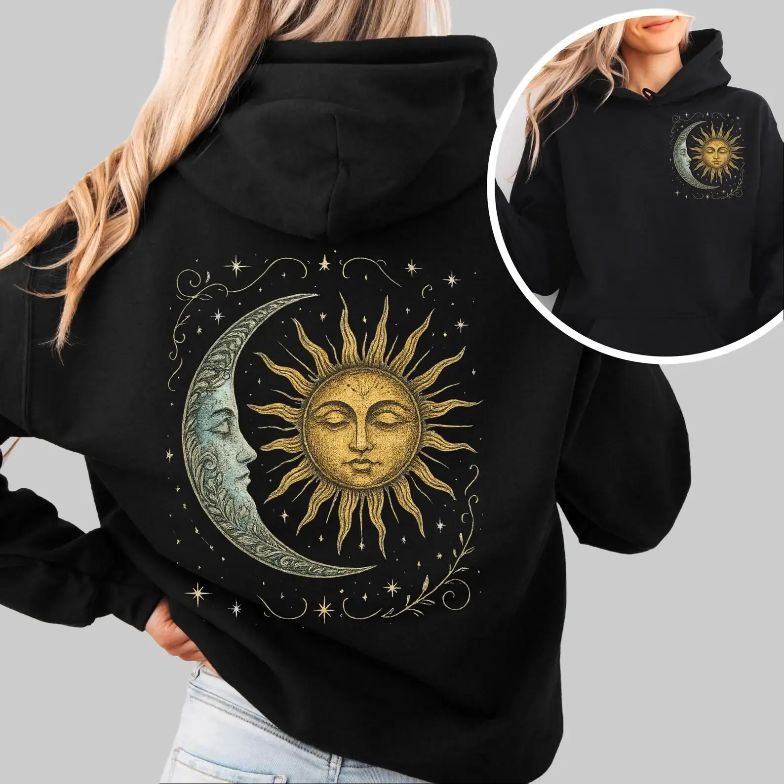 Boho Celestial Moon & Sun Hoodie - Spiritual Bohemian Tarot Pagan Astrology Moon Phases Sweatshirt Hoody
