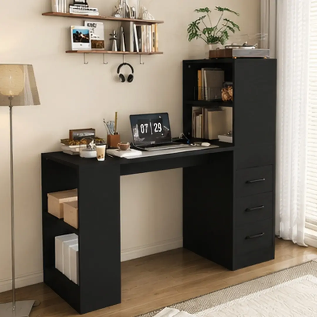 Computer Desk with 4-in-1 Socket, 3 Drawers and 4 Storage Levels, MDF Wooden Desk for Home Office, Bedroom, Writing Table, Black/White Options, Modern Style, Easy Assembly, Black/White Color Options, MDF Material, Luxury/Modern Style