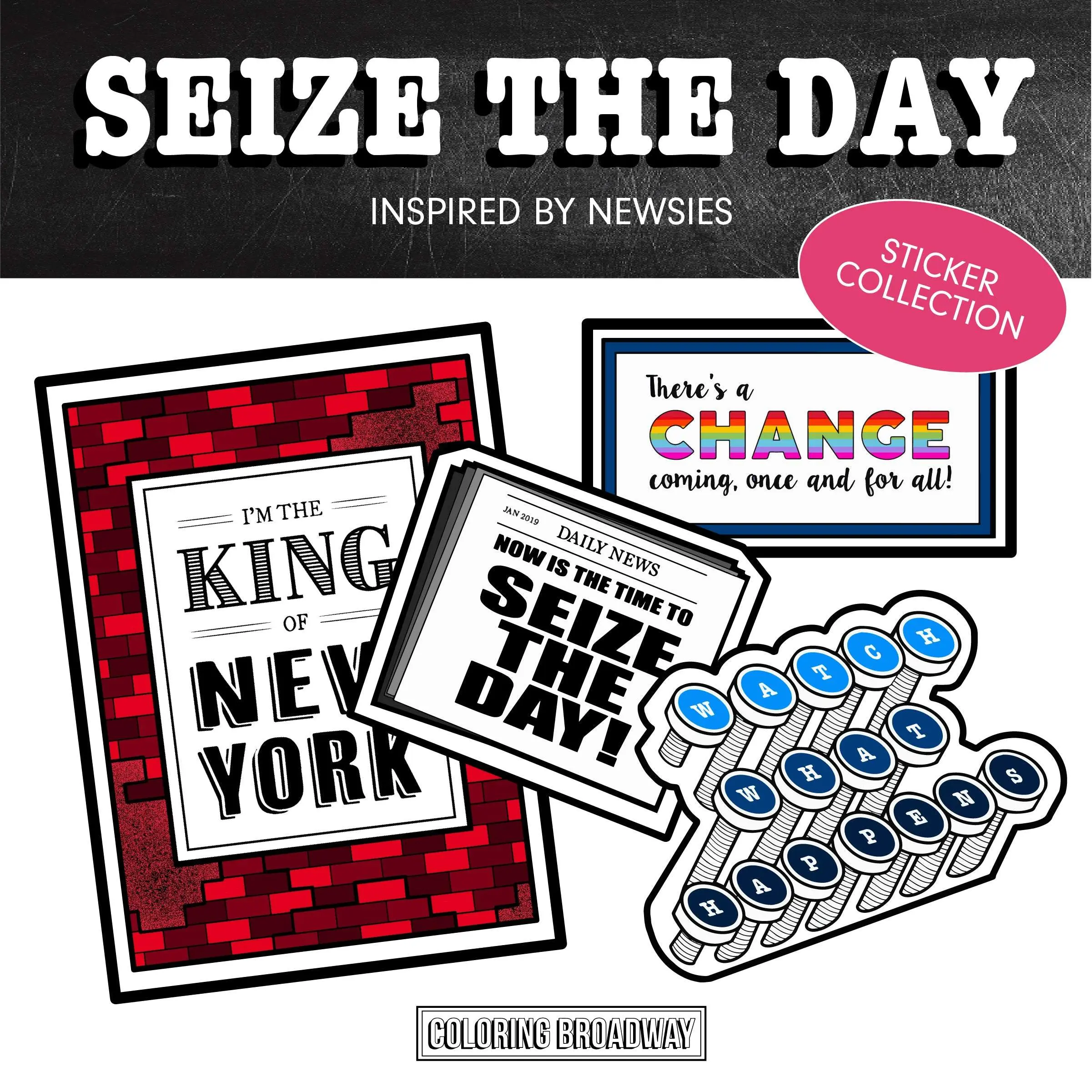 Newsies "Seize the Day" Stickers (Set of 4 - 3" Die Cut Stickers)