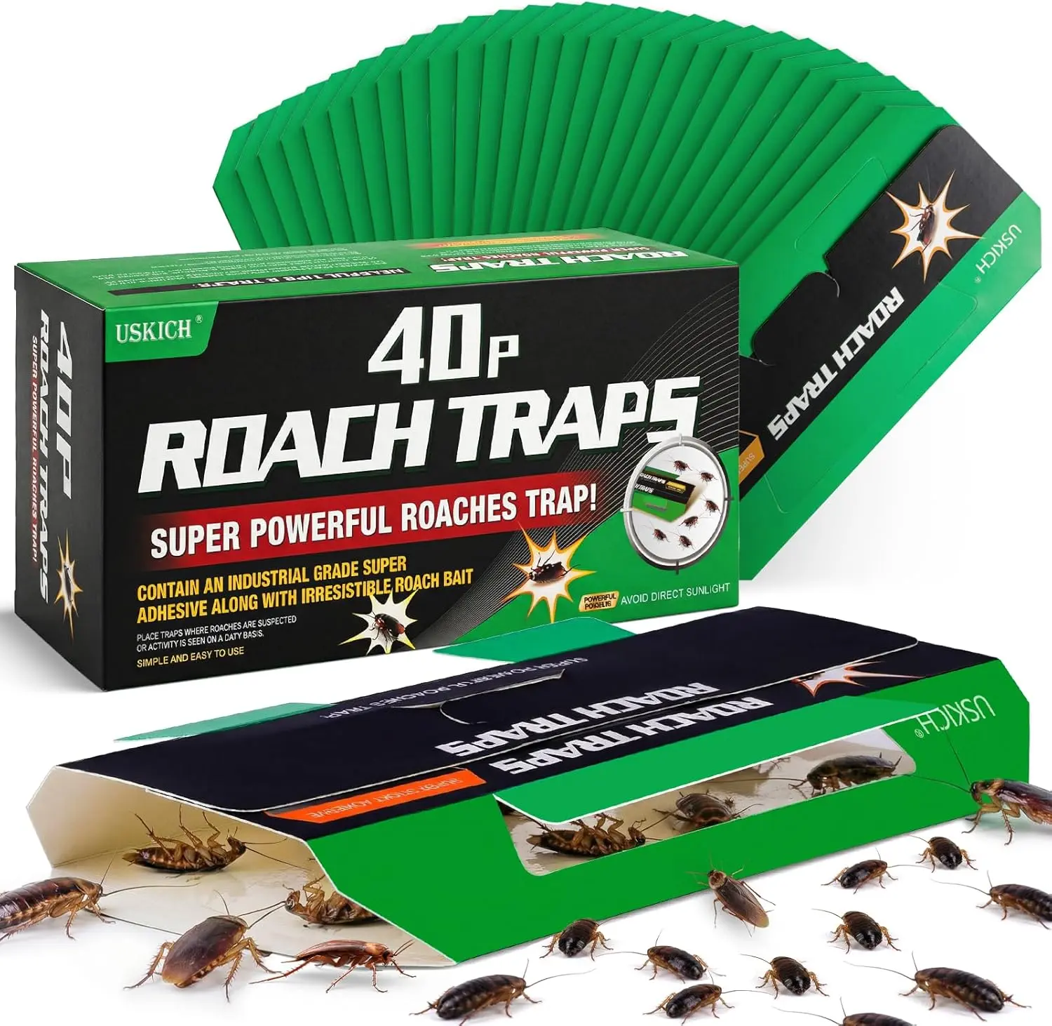 USKICH 40-Pack Roach Traps Indoor, Sticky Cockroach Trap, Glue Roach Traps, Roach Motel, Glue Traps for Roaches, Kid & Pet Friendly (Upgrade Recipe)