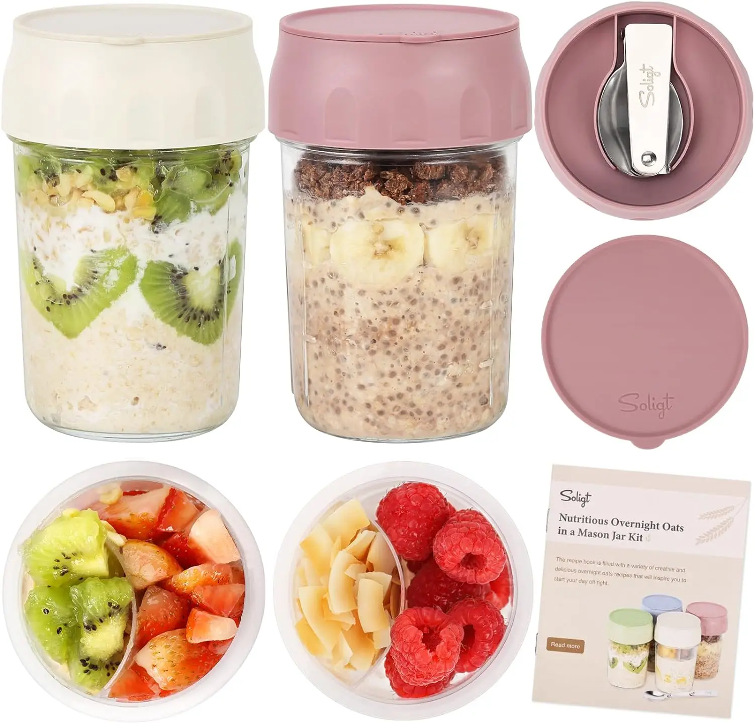 Soligt Overnight Oats Containers with Lids, Folding Spoons, and Divided Compartments for Fruit & Nuts, Small Glass 16oz Mason Jars for Oatmeal Yogurt