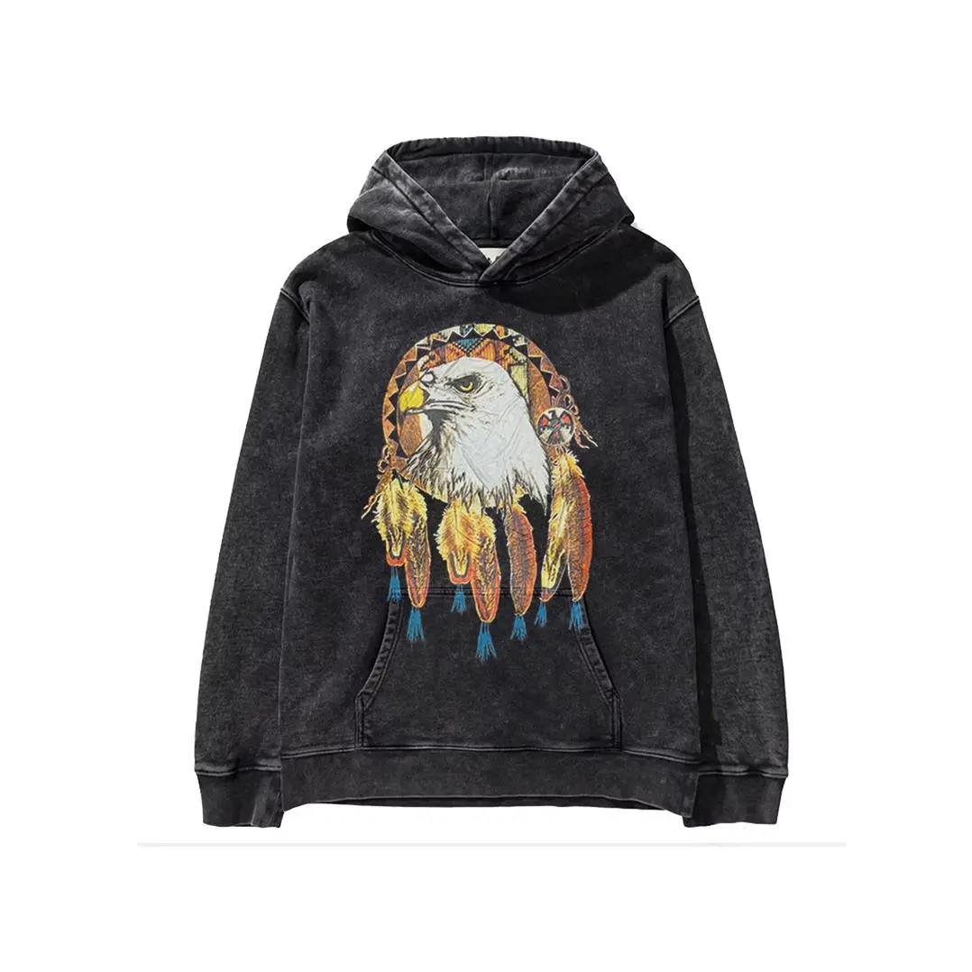 Men's Autumn Winter New Eagle Wolf Indian Tribal Totem Washed Vintage Loose Hoodie