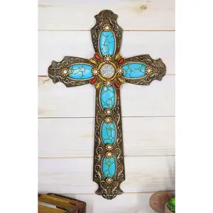 18"H Rustic Western Scroll Lace Wall Cross With Crystals & Turquoise Gemstones
