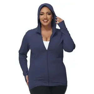Plus Size Solid Zip Up Hooded Rashguard, Long Sleeve Sun Protection Outerwear for Women, Women's Sportswear for Indoor Outdoor Wear（gift）