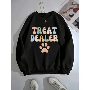 Women's Casual Hoodie with Colorful "Treat Dealer" Pet Slogan & Paw Print Design - Soft Long Sleeve Round Neck Pullover for Dog Cat Lovers, Machine Washable All-Season Comfort