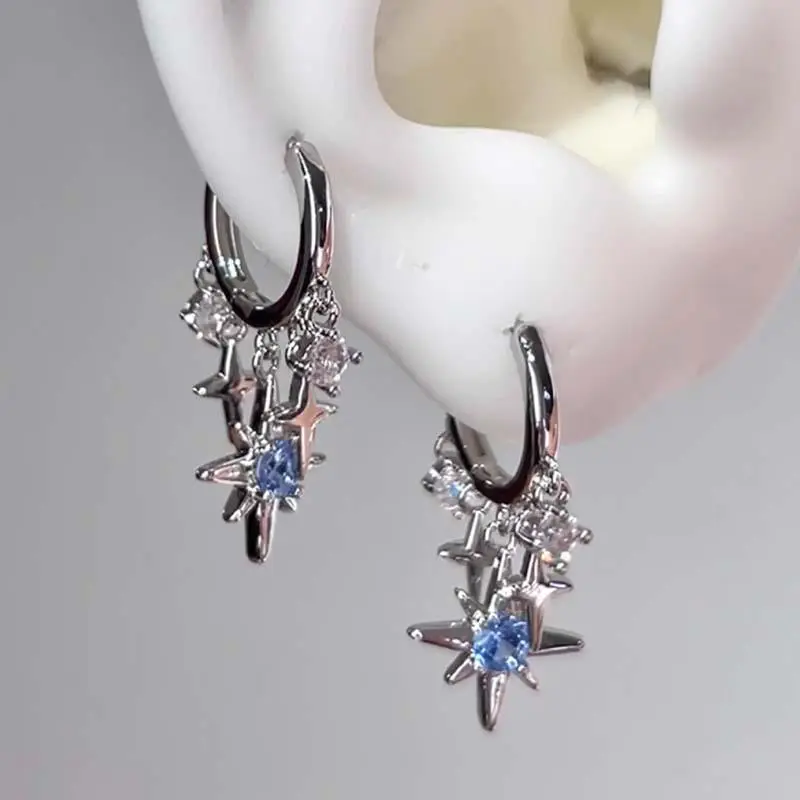 Y2K Blue Zircon Eight-Pointed Star Pendant Earrings for Women Silver Color Star Tassel Ear Buckle Minimalist Design Jewelry Gift