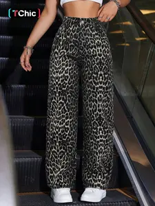 Women's Trendy Leopard Print Denim Jeans, Pants, Loose Fit Wide Leg Comfortable Casual Wear, Fashionable Long Trousers for All Seasons