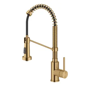 212 MAIN Kraus KPF-1610BB 18 in. Bolden Commercial-Style Pull-Down Single-Handle High-Arc Kitchen Faucet, Brushed Brass, Faucet Aerator, Open Coil Pull-Down Tap