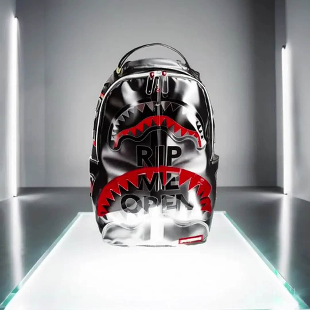 Sprayground Back bestseller transparent PVC shark jaw print backpack, “RIP ME OPEN” lettering transparent backpack, fashionable hip-hop street style waterproof day bag, large-capacity student travel shoulder bag, transparent shark mouth pattern backpack,